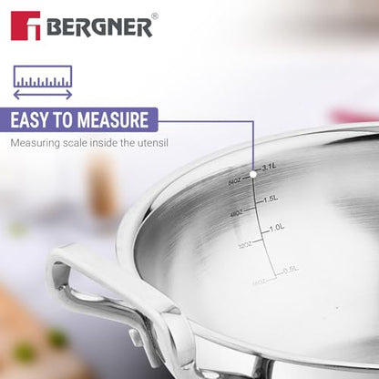 Image 6 of BERGNER BE Essentials TriPly 4 Pcs Stainless Steel Cookware Set - 24cm (3.1L) Kadai, 24cm (1.5L) Frypan, Common Flat Glass Lid, 26cm Non-Stick Roti Tawa