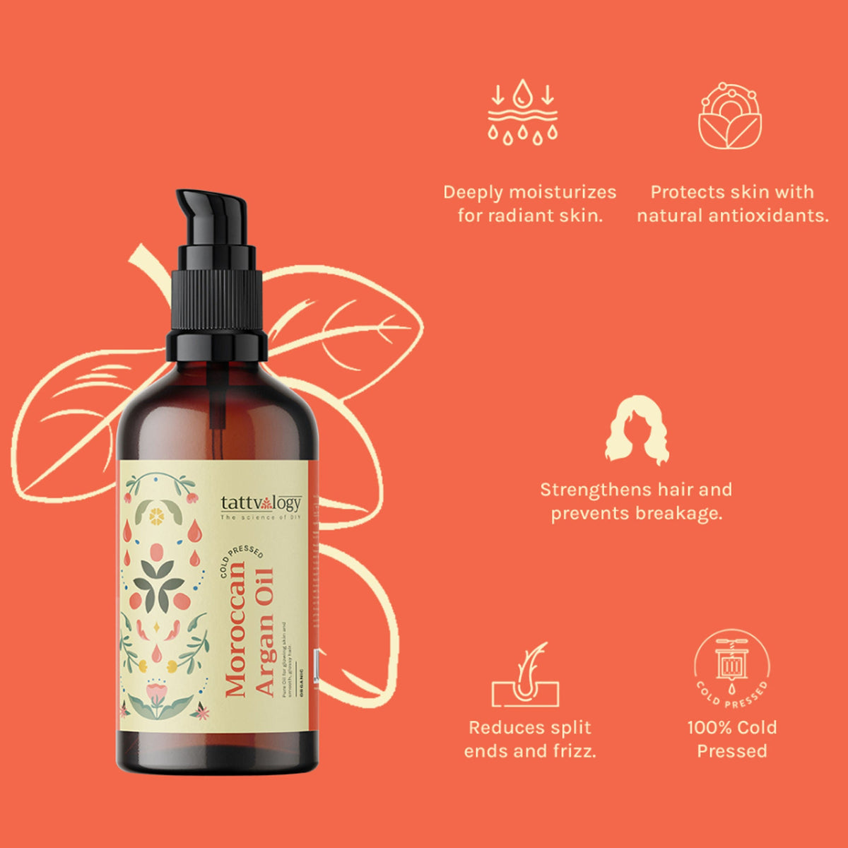 Image 2 of Tattvalogy Organic Moroccan Argan Oil - Vitamin-E Rich, Antioxidant, Tames Frizz for Smooth Hair