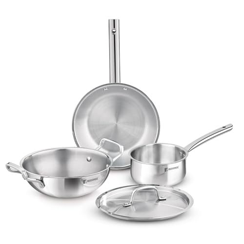 Image 1 of Default Title for the product BERGNER TriPro 4 Pcs Tri-Ply Stainless Steel Induction Bottom Cookware Set - 22cm (2L) Kadai and 22cm (1L) Frypan with Common Stainless Steel Lid, 14cm (1L) Teapan