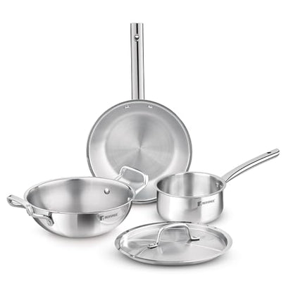 Image 1 of Default Title for the product BERGNER TriPro 4 Pcs Tri-Ply Stainless Steel Induction Bottom Cookware Set - 22cm (2L) Kadai and 22cm (1L) Frypan with Common Stainless Steel Lid, 14cm (1L) Teapan
