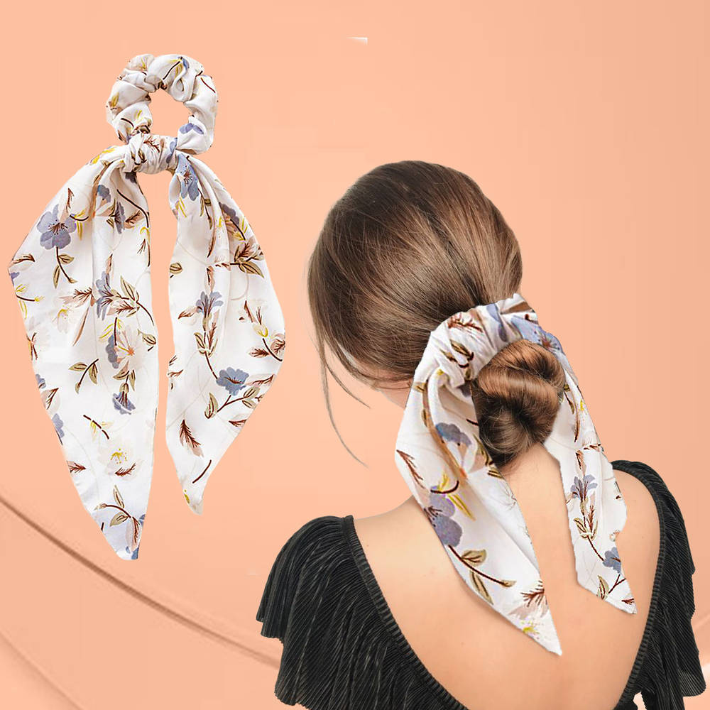 Image 1 of 1 pc for the product Majestique Hair Scarf Scrunchies Printed Satin Silk Elastic Bow Scrunchies - 1 Pc