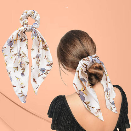 Image 1 of 1 pc for the product Majestique Hair Scarf Scrunchies Printed Satin Silk Elastic Bow Scrunchies - 1 Pc