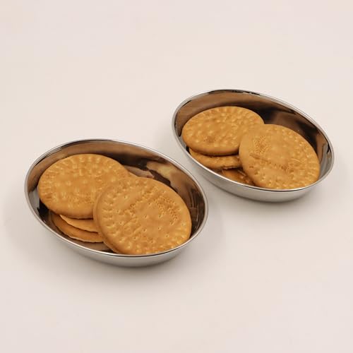Image 1 of Oval Plate-2 for the product Spillbox Stainless Steel Halwa Plates Quarter Plates Oval Snack Plate Nasta Plate Dessert Plate Set Side Dish Mirror Finish BPA Free 50gm Pack of 2