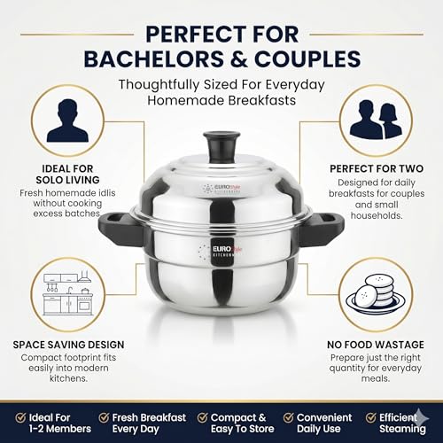 Image 4 of Eurostyle Premium Stainless Steel Idli, Idiyappam & Dhokla Steamer - ISI Mark Certified - (2Idli plates(6 idlis)  Steamer) for Flawless Fluffy Idlis - 1.5L capacity - 3Years warranty (Stainless Steel) - Royal 6 Deluxe
