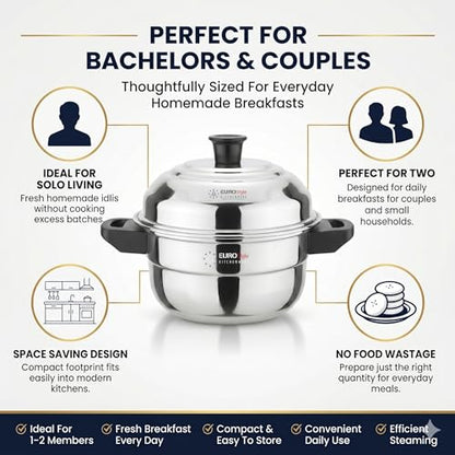 Image 4 of Eurostyle Premium Stainless Steel Idli, Idiyappam & Dhokla Steamer - ISI Mark Certified - (2Idli plates(6 idlis)  Steamer) for Flawless Fluffy Idlis - 1.5L capacity - 3Years warranty (Stainless Steel) - Royal 6 Deluxe