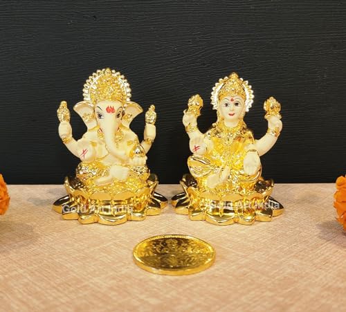 Image 1 of Default Title for the product Gold Art India Laxmi Ganesh Gold Plated Off White Terracotta Idol for Home With Coin (2.8 Inch)