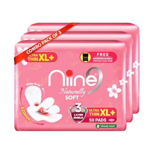 Image 3 of 150 Count (Pack of 3) for the product Niine Naturally Soft Ultra Thin XL+ Sanitary Napkins |320mm Long|Cottony Soft Control Rashes|Long Lasting protection |Suitable for Heavy Flow with Free Biodegradable Disposal Bags (Pack of 1) 50 Pads
