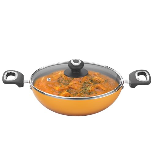 Image 1 of Default Title for the product Preethi Dura Collection Non Stick Kadai, 26 cm, with Glass Lid, Gas & Induction Compatible, 5 Star Non Stick Effect, Turmeric Yellow