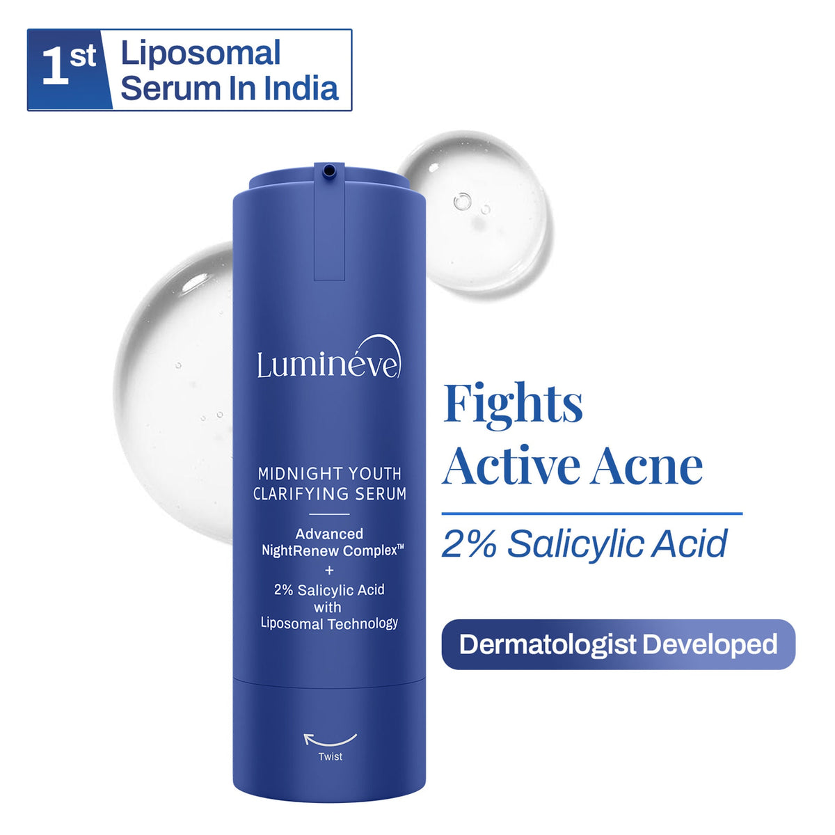 Image 2 of Lumineve 2% Salicylic Acid Face Serum for Active Acne & Pores with Advanced NightRenew Complex