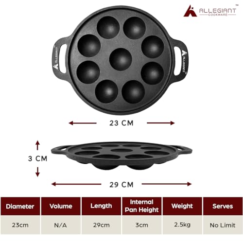 Image 4 of ALLEGIANT COOKWARE Kitchen Pre-Seasoned Cast Iron Appam Pan with 9 Cavity for Appam, Paniyaram, Appe & Paddu Making Use
