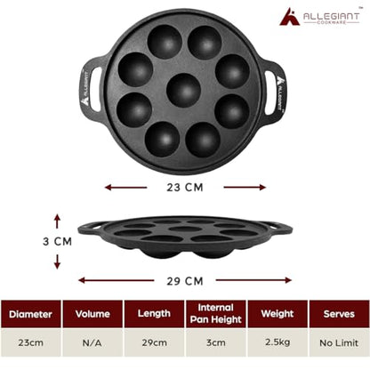 Image 4 of ALLEGIANT COOKWARE Kitchen Pre-Seasoned Cast Iron Appam Pan with 9 Cavity for Appam, Paniyaram, Appe & Paddu Making Use