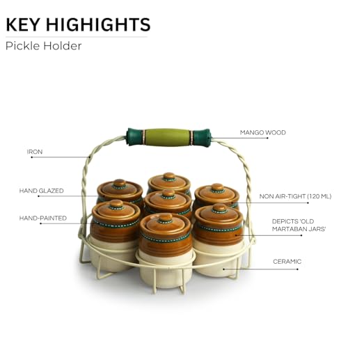 Image 6 of ExclusiveLane Old Martaban Ceramic Pickle Jars with Holder Set of 7, 120 gram, 8.9 cm Mini Jars