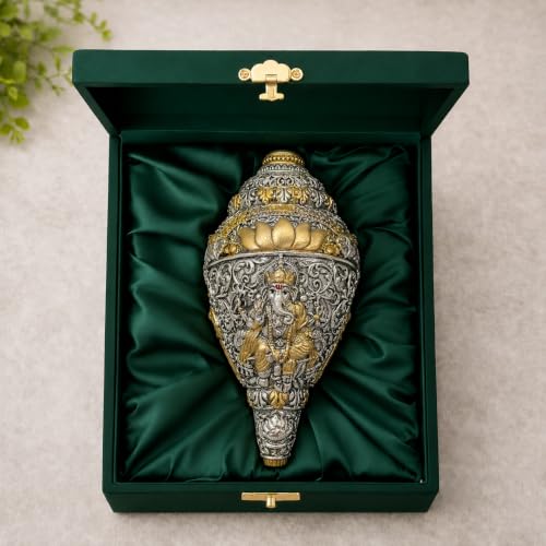 Image 1 of Default Title for the product Dev Aastha 999 Silver & Gold Plated Ganesh Shankh Home Decor 8 Inch