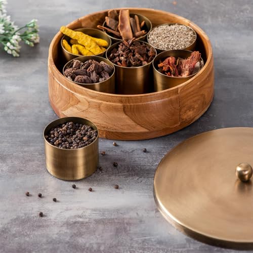 Image 1 of Plain Gold for the product nestroots Wooden Masala Box with Stainless Steel Jars
