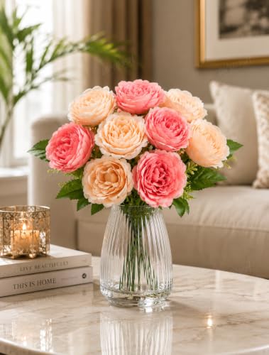 Image 1 of Default Title for the product Divyakosh Artificial Flower for Vase (10 Peony Flower Heads), Artificial Flowers Bunch (Vase Not Included), Luxury Floral Centerpiece for Living Room Dining Table Office Decor