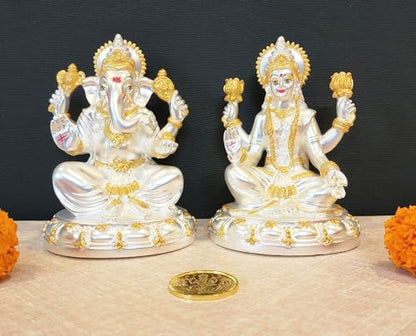 Image 1 of Default Title for the product Gold Art India Round Base Laxmi Ganesh Silver Matte Idol 5" Inch