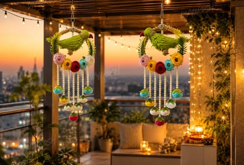 Image 6 of Divyakosh Handmade Parrot Hanging for Home Decor Set of 2 | Indian Festive Door Wall Hanging with Pearl Tassels & Floral Design| Latkan for Diwali, Wedding, Housewarming, Living Room & Balcony