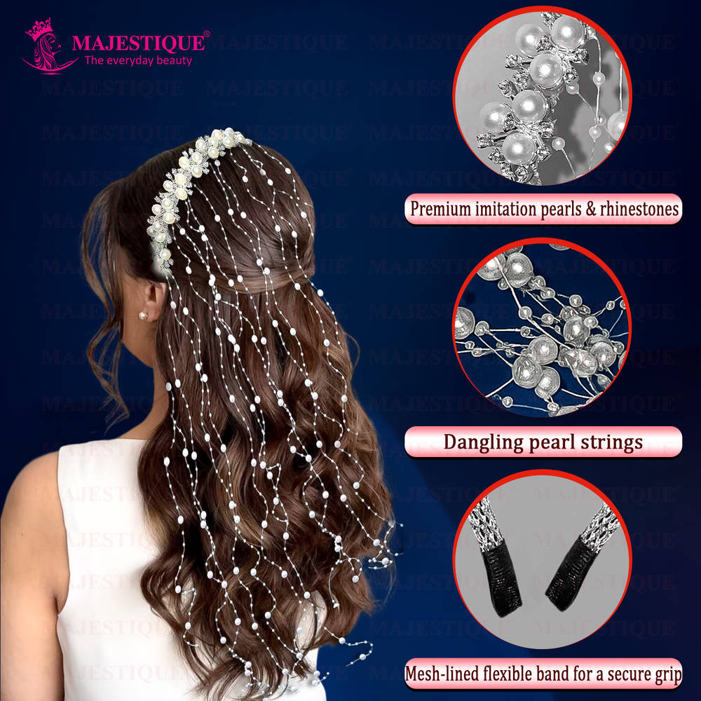 Image 3 of Majestique White Bridal Pearl Tassel Hairband With Crystals