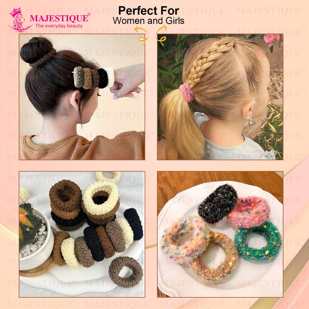 Image 3 of Majestique Multi Designs Cotton Stretchable Hair Rubber Band Ponytail Holder - 11Pcs