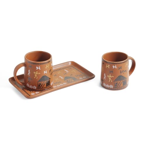 Image 3 of ExclusiveLane Warli Village Tales Ceramic Coffee Mugs Set of 2 with Tray 300 ml