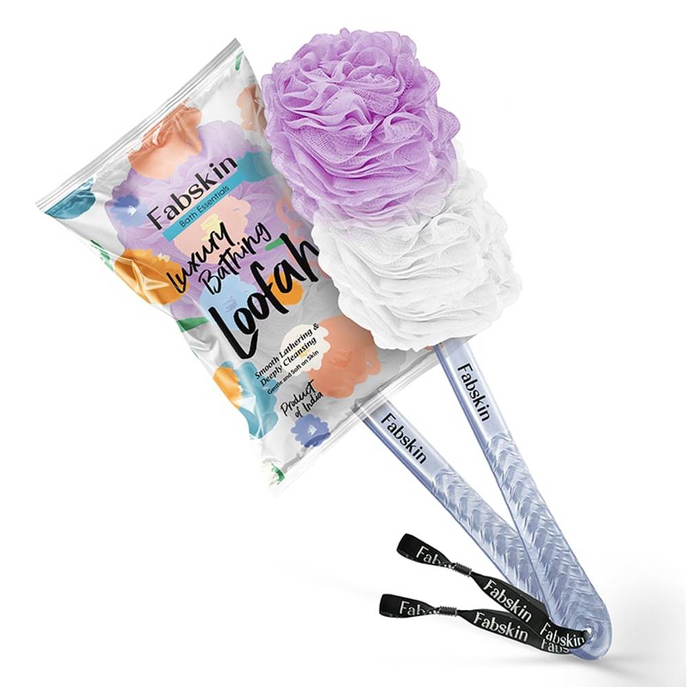 Image 1 of 1 Pc / Pack of 1 for the product Fabskin Bath Brush Loofah For Men & Women With Long Plastic Handle Purple & White