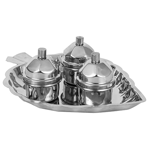 Image 5 of Spillbox Traditional Handcrafted Steel Thali kumkum Plate for Pooja 3 Bowls