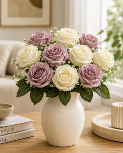 Image 1 of Default Title for the product Divyakosh Artificial Rose Flower Bouquet, 10 Roses (5 Dusty Mauve & 5 Ivory White) with Green Leave, Faux Floral Arrangement for Living Room, Bedroom, Office, Wedding & Home Decor (Vase Not Included)