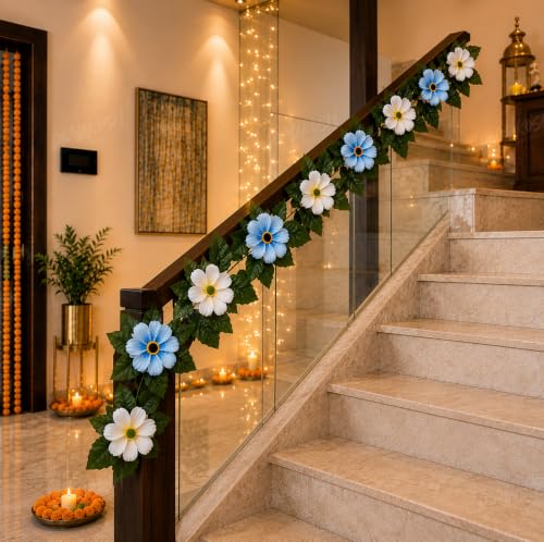 Image 7 of Divyakosh Mango Leaf Vine with White & Blue Cosmos Flowers (6.5 FT) for Door Entrance Deﾌ…or Creeper | Artificial Flowers Garland,Thoran,Festive Puja Wall Hanging for Diwali Navratri Ganpati Home Deﾌ…or