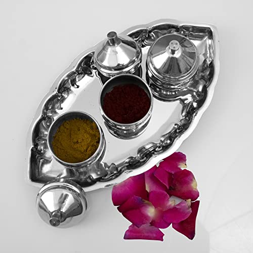Image 4 of Spillbox Traditional Handcrafted Stainless Steel Thali Kumkum Holder Stand Plate Oval 3 Bowl-Small Leaf- Silver