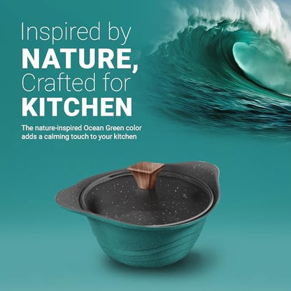 Image 5 of Preethi Artistic Collection Die Cast Non Stick Kadai, 24 cm,with Glass Lid, 5 Star Non Stick Effect, Cook & Serve, Ocean Green