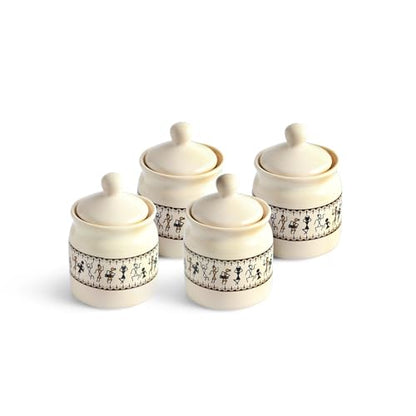Image 3 of ExclusiveLane Art Of Warli Ceramic Pickle Jars with Wooden Holder Set of 4, 280 ml
