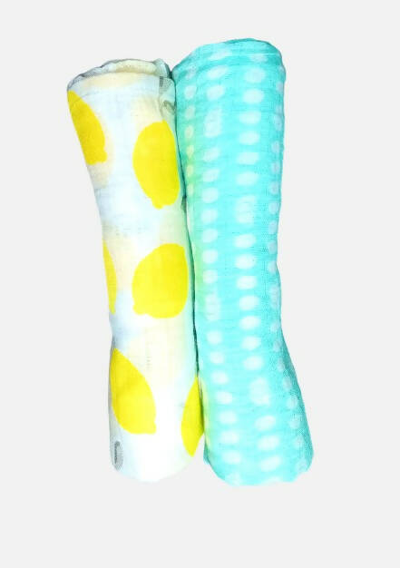 Image 1 of Large (0-12 Month) / Set of 2 for the product Kindermum Organic Cotton Muslin Swaddle Blanket 100 Cm X 100 Cm - Set Of 2 - Pista And Lemon
