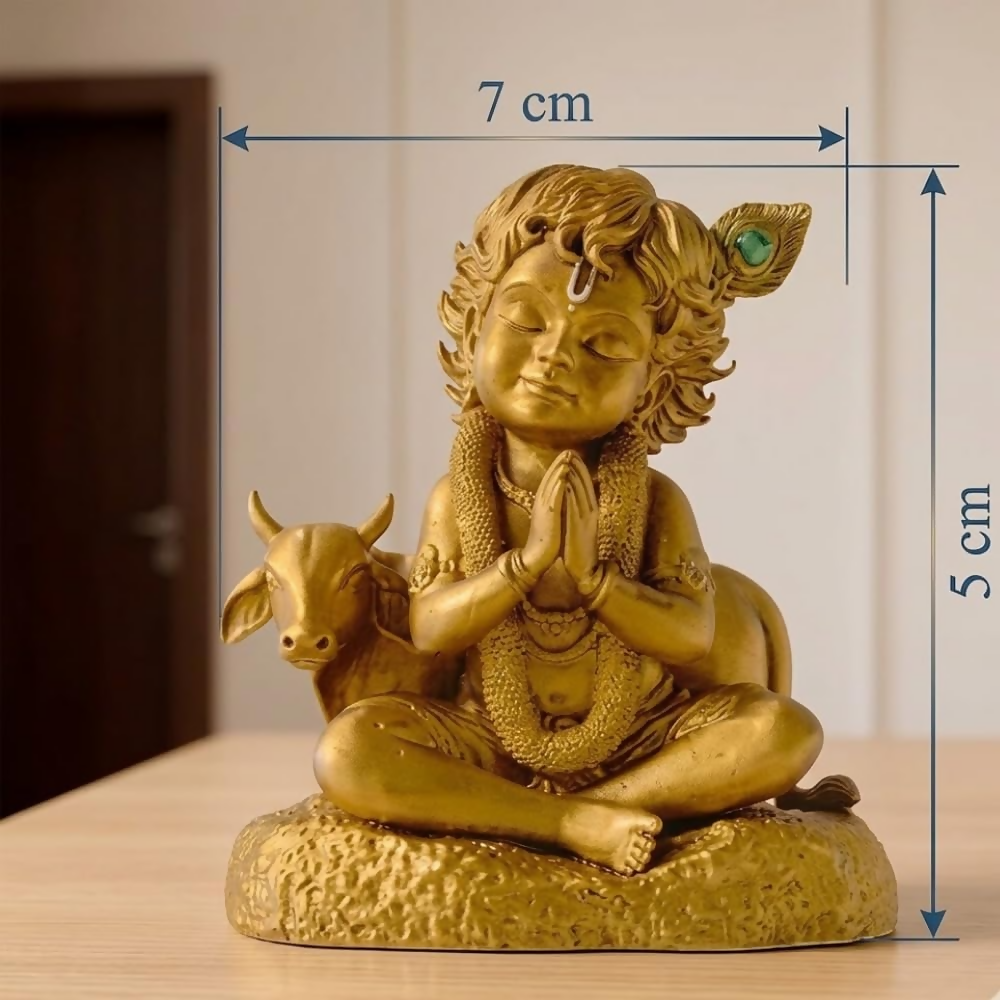 Image 2 of Krishna Laddu Gopal Murti with Cow - Golden Krishna