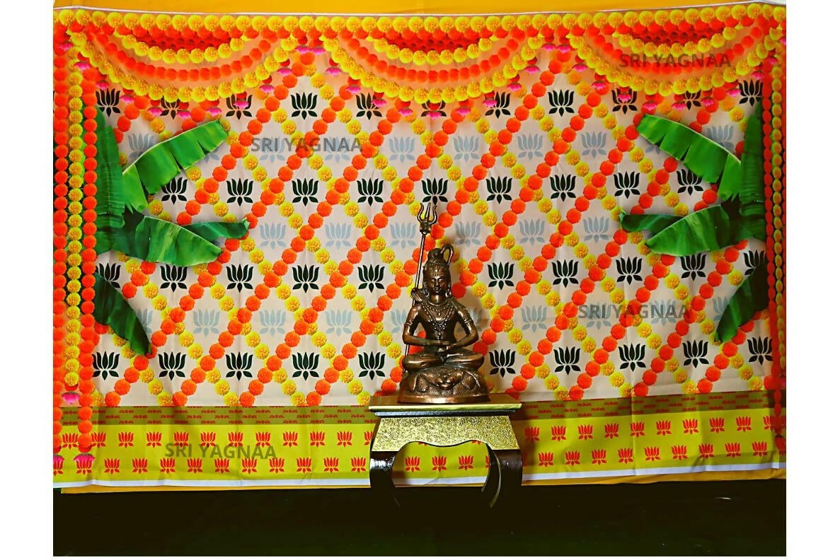 Image 4 of Sri Yagnaa M 38 – Marigold & Lotus Banana Leaf Backdrop Cloth, 8 x 5 Ft