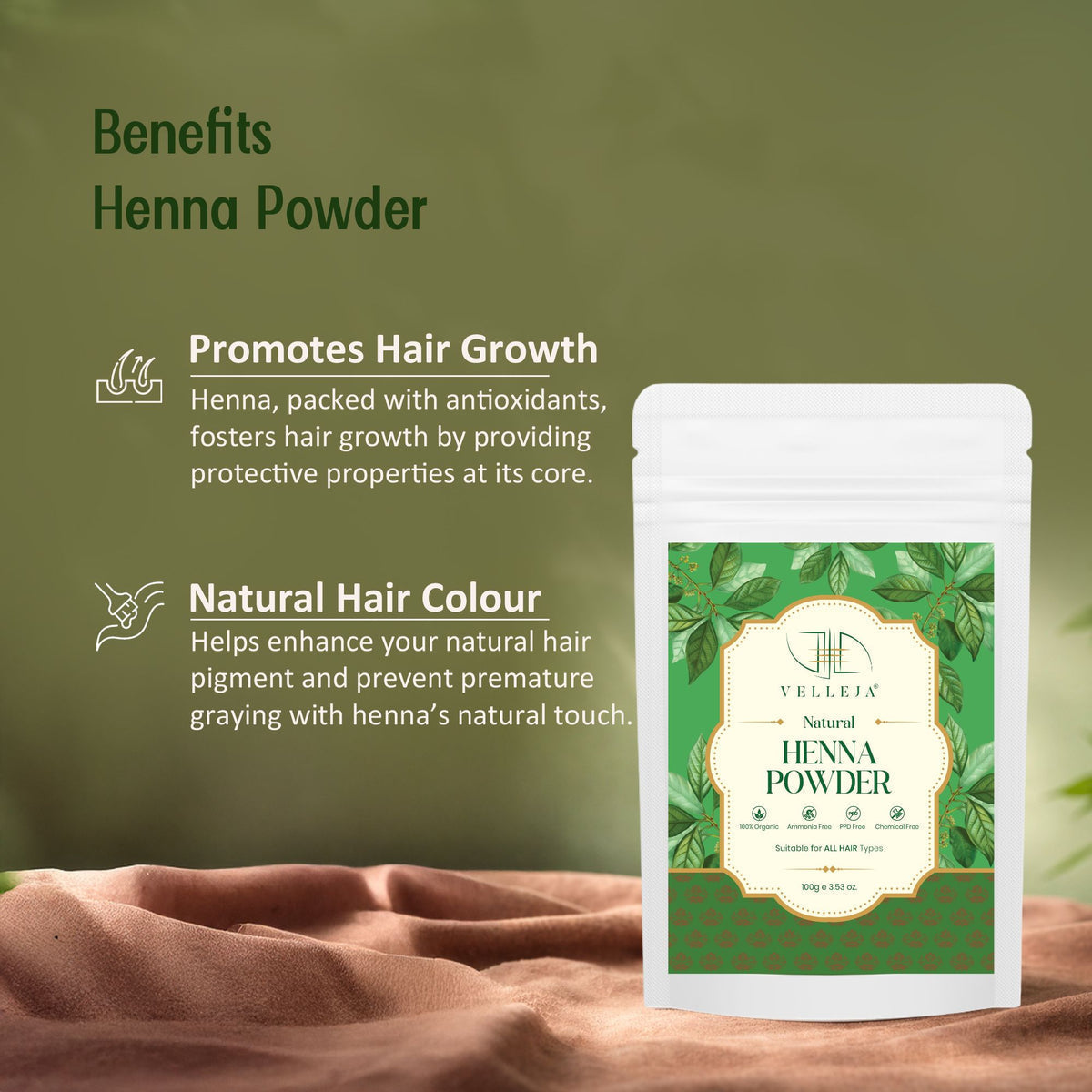 Image 2 of Velleja Herbal Henna Powder for Natural Hair Colour | Enriched with Amla, Bhringraj & Shikakai