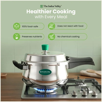 Image 5 of Large - 5.5L - For 5-6 people for the product The Indus Valley Premium Stainless Steel Outer Lid Handi Pressure Cooker 1.5L/3.5L/5.5L, Premium Quality, Heavy Bottom, 100% Safe, ISI Certified, 3 Yr Warranty, Induction & Gas