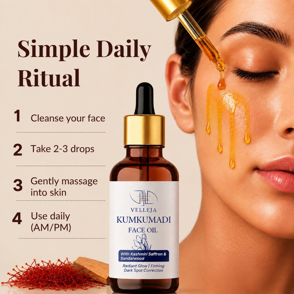 Image 8 of Velleja Kumkumadi Face Oil with Kashmiri Saffron & Sandalwood | Ayurvedic Anti Aging Face Serum for Brightening, Dark Spots & Pigmentation
