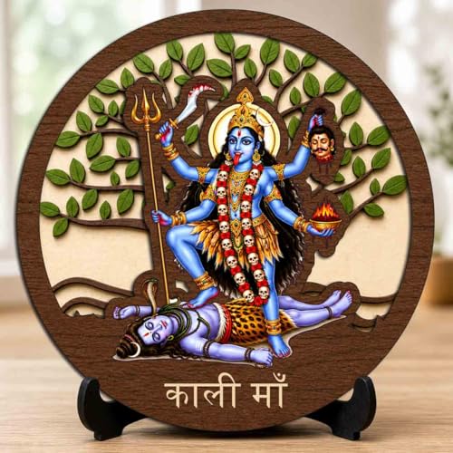 Image 1 of Default Title for the product Kali Maa Table Top Wooden Idol/Murti for Mandir Decoration, Office Desk & Festive Gift - 5x5 Inch