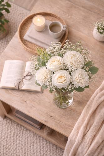 Image 5 of Divyakosh Artificial White Flower Bouquet with Roses & Chrysanthemums, Pooja Room Decoration Items & Craft Interior Props (Vase Not Included)