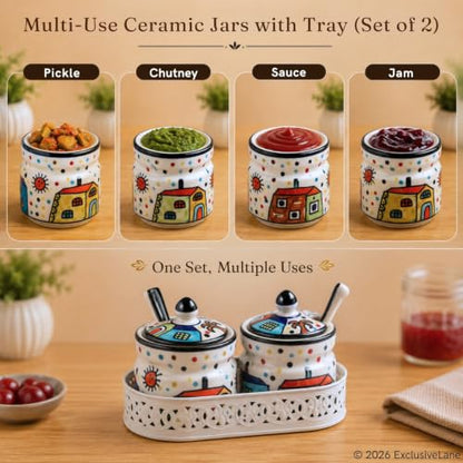 Image 4 of ExclusiveLane The Hut Ceramic Pickle Jars with Spoons & Iron Tray Set of 2 280 ml