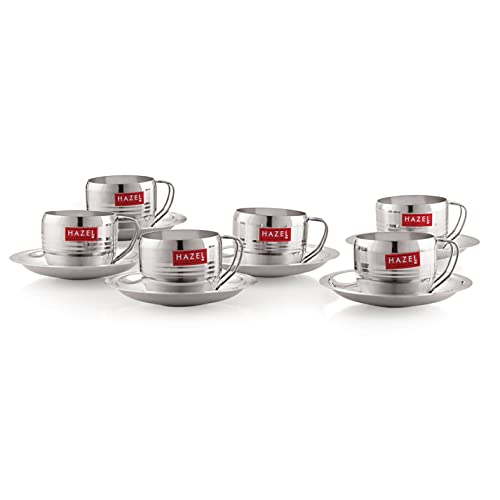 Image 8 of HAZEL Stainless Steel Cup & Saucer Set of 6 | 170 ml Unbreakable Tea/Coffee Cups & Saucers | Stainless Steel Mugs & Saucer Set