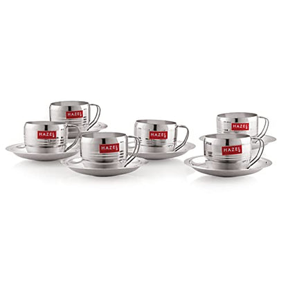 Image 8 of HAZEL Stainless Steel Cup & Saucer Set of 6 | 170 ml Unbreakable Tea/Coffee Cups & Saucers | Stainless Steel Mugs & Saucer Set