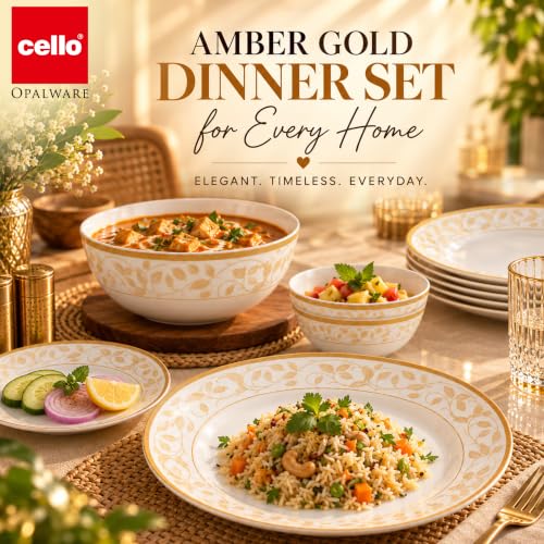 Image 3 of CELLO Amber Gold Divine Series Opalware Dinner Set of 33 Pieces for Family of 6