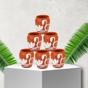 Image 4 of Mitti Cool Clay Earthen Eco Friendly Dinner Glass Set White Painting Swan (200 ml)