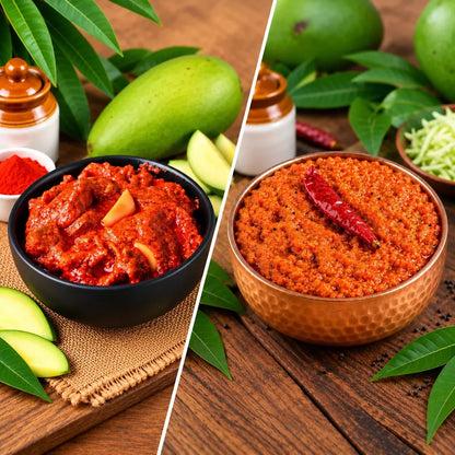 Image 1 of combo for the product Tenali Ruchulu Pickles Combo: Mango Pickle + Mamidi Turumu Pickle