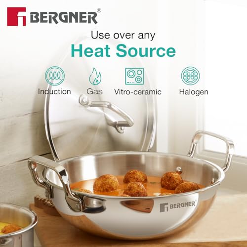 Image 4 of BERGNER TriPro 4 Pcs Tri-Ply Stainless Steel Cookware Combo - 24cm/3L Kadai with Lid, 16cm/1.7L Teapan, 12cm/500ml Tadka Pan