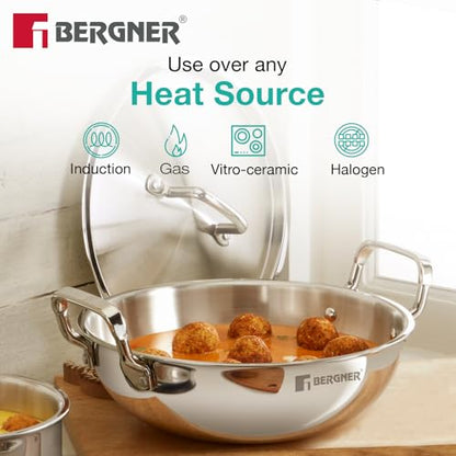 Image 4 of BERGNER TriPro 4 Pcs Tri-Ply Stainless Steel Cookware Combo - 24cm/3L Kadai with Lid, 16cm/1.7L Teapan, 12cm/500ml Tadka Pan