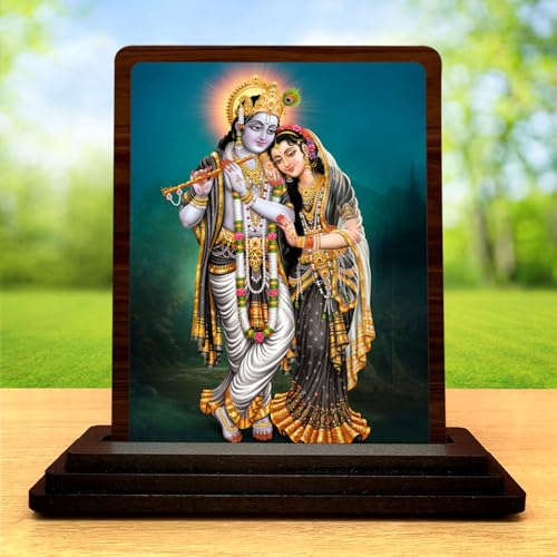 Image 2 of Radha Krishna Small Wooden Idol 4x5 Inch Vibrant Devotion HD Printed Home Decor
