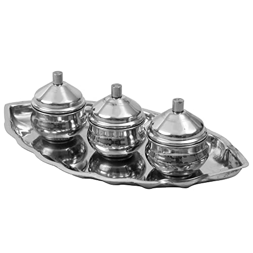 Image 2 of Spillbox Traditional Handcrafted Stainless Steel Thali Kumkum Holder Stand Plate Oval 3 Bowl-Small Leaf- Silver