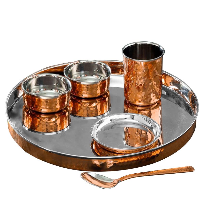 Image 2 of Spillbox Stainless Steel Copper Hammered Dinner Thali Set of 6 Pieces